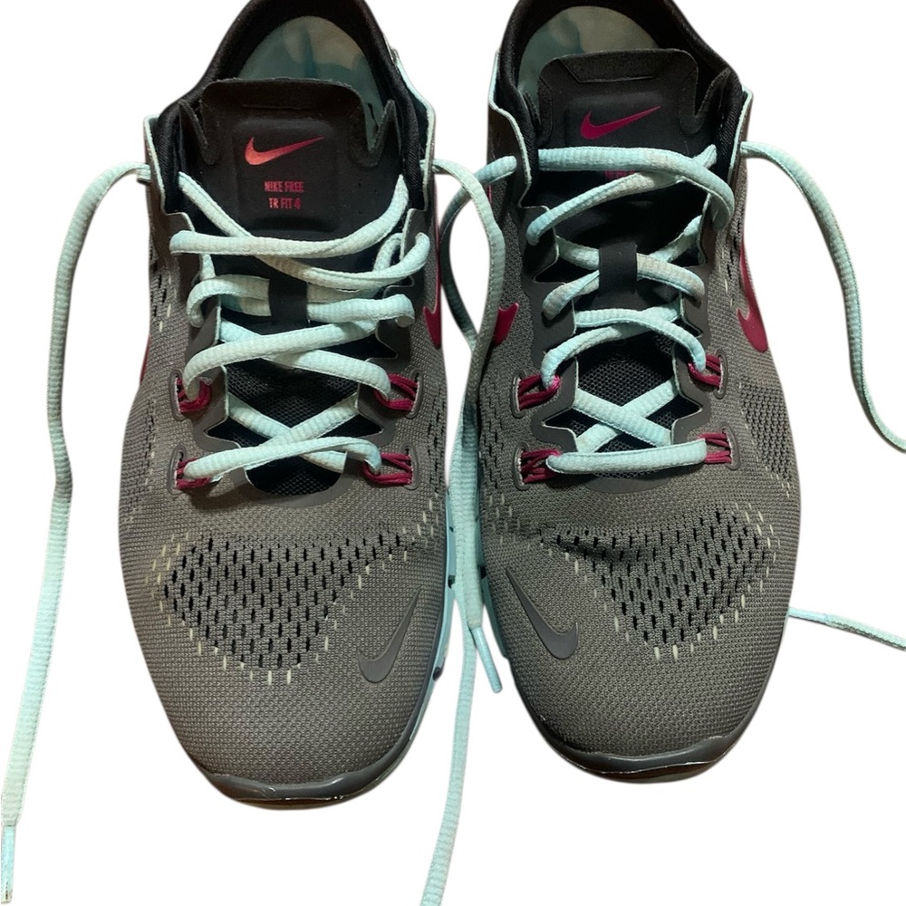 Nike Women's Gray Sneakers with Teal Laces and Pink Swoosh
